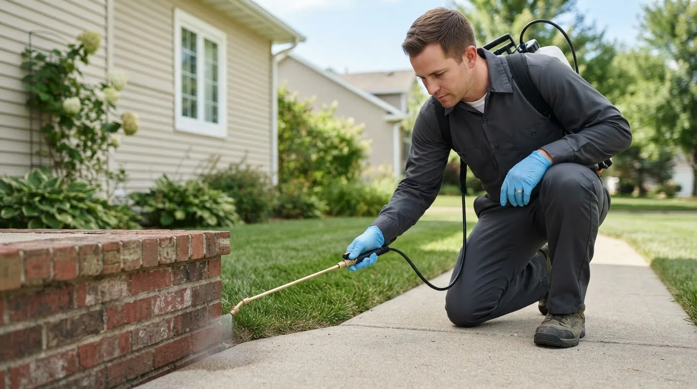 Pest control technician treating a home near Ottosen, IA