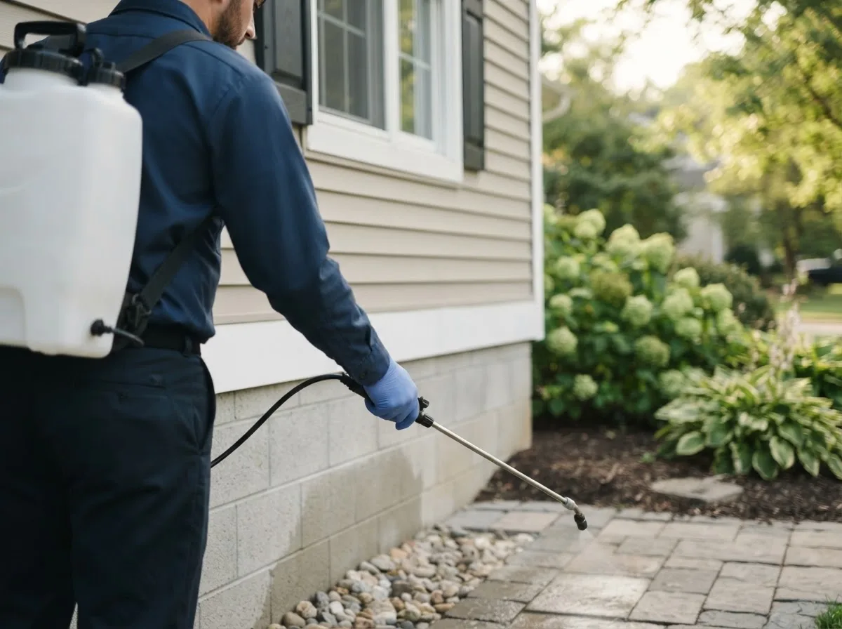 Pest control technician inspecting a home in Ottosen, IA